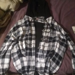 Button up plaid fleece shirt with hood